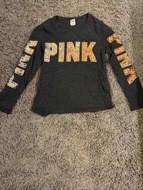 PINK Victoria's Secret Charcoal Long-Sleeve Tee with Gold Sequin Logo